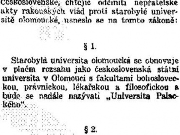 Zákon č. 35/1946 Sb., o obnovení univerzity v Olomouci, faksimile textu ve sbírce zákonů.